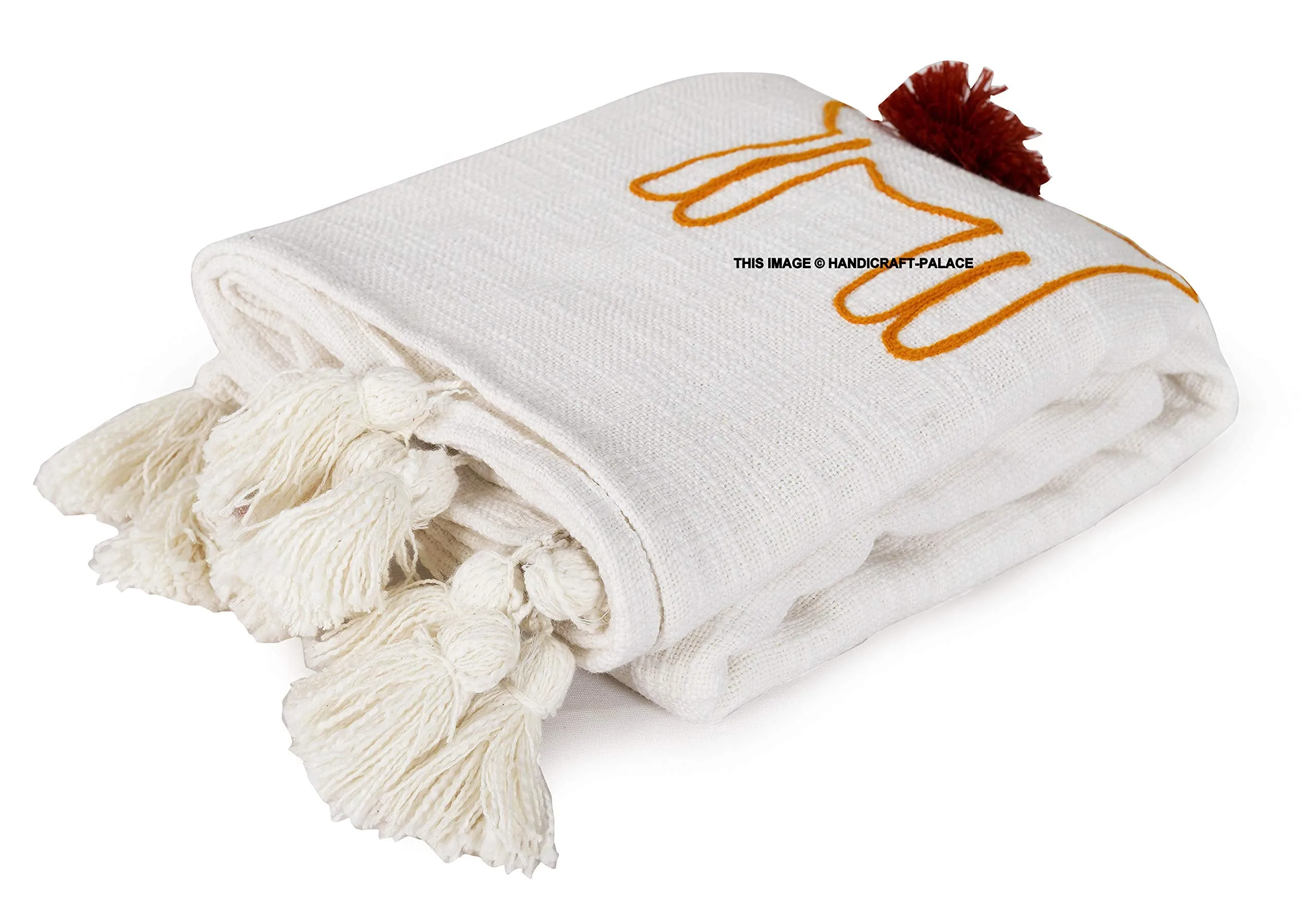 Ravaiyaa - Attitude is everything Cotton Handmade Embroidered Luxury Sofa Throw Pompom Shawl Blanket (White, Twin)