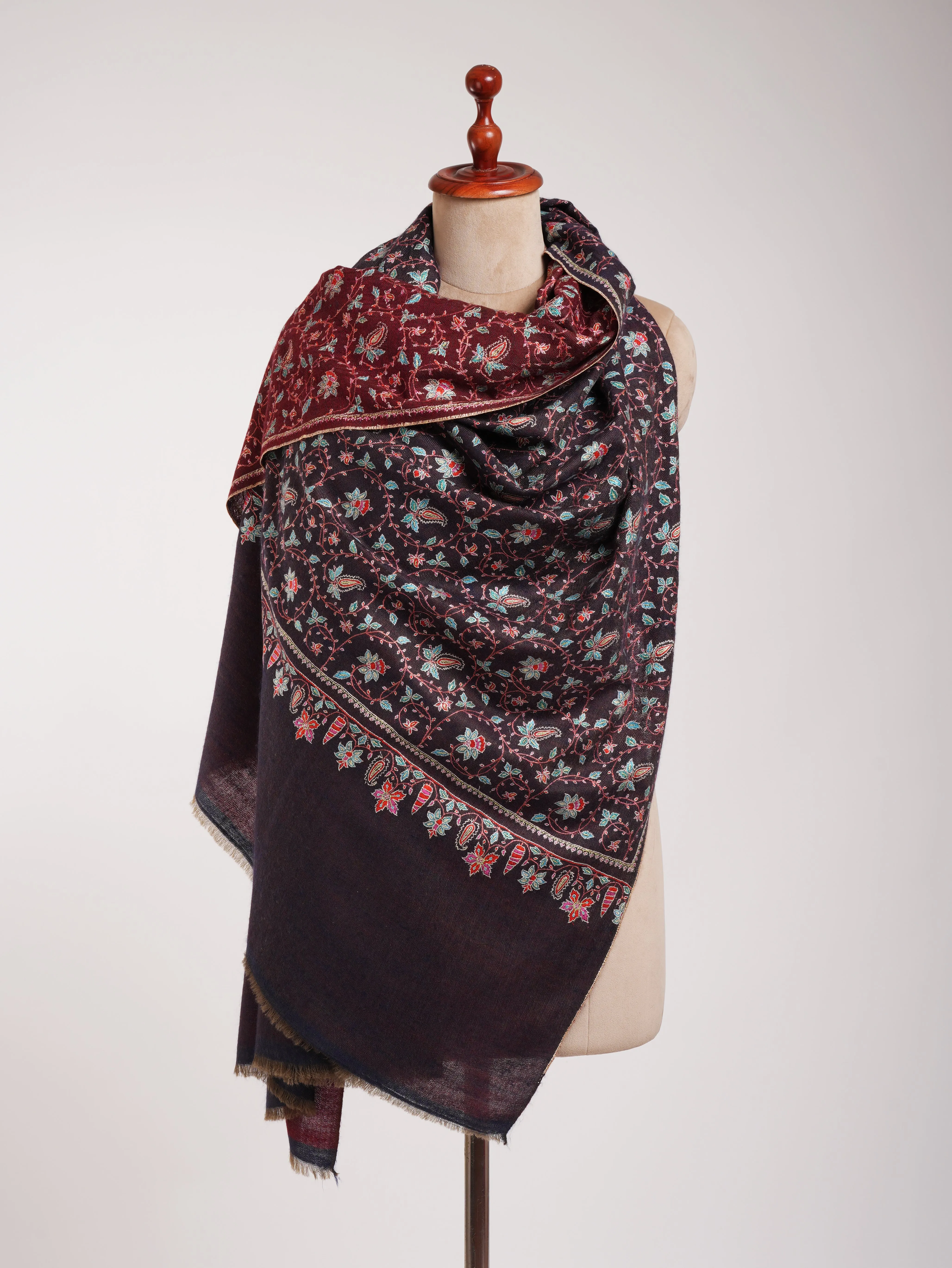 Red and Blue Dual shade Hand Embroidered Pashmina Shawl