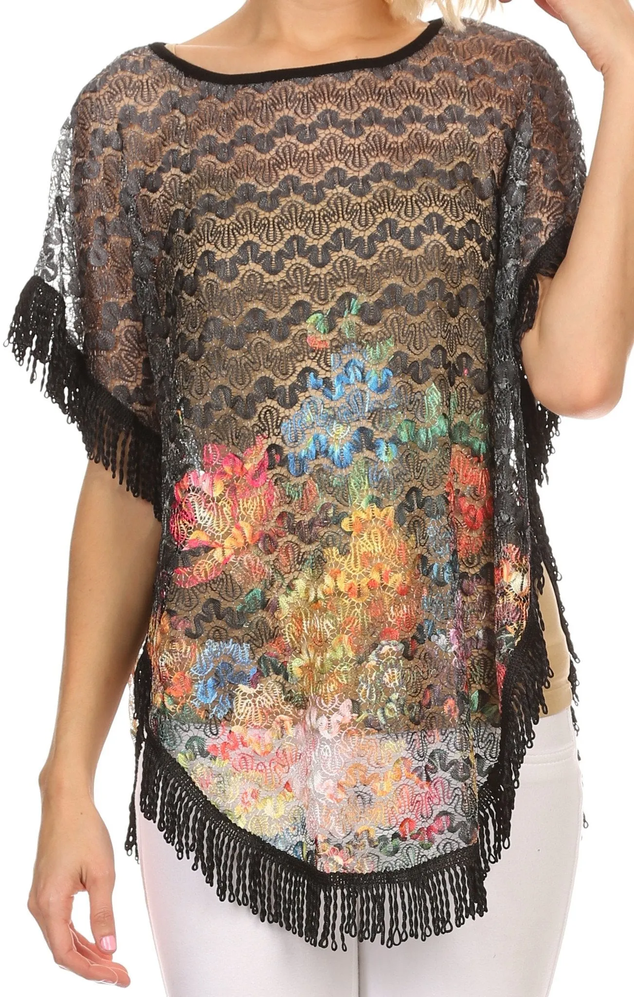 Sakkas Paney Long Wide Lace Embroidered Fringe Tassel Loose Poncho Top Blouse