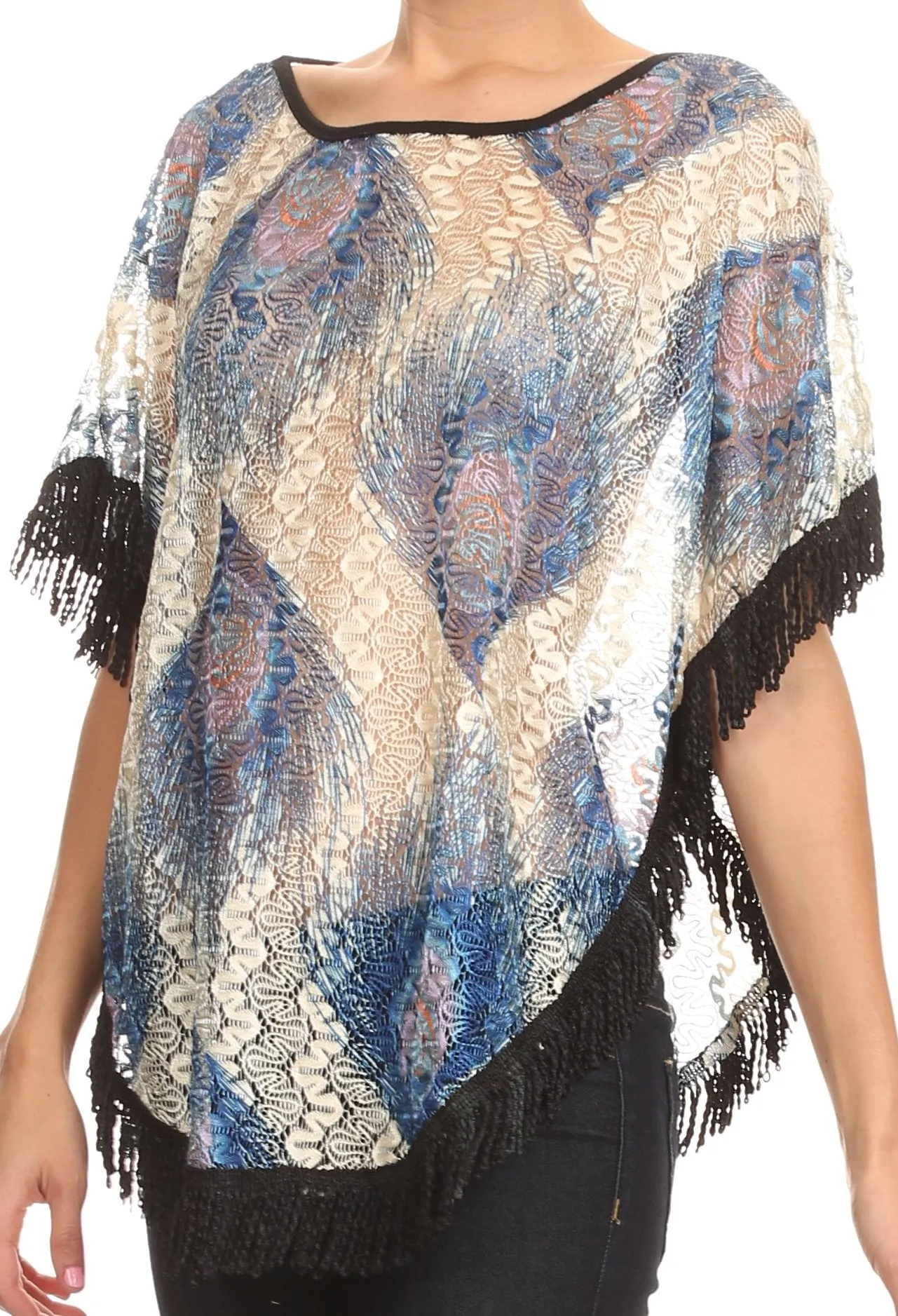 Sakkas Paney Long Wide Lace Embroidered Fringe Tassel Loose Poncho Top Blouse