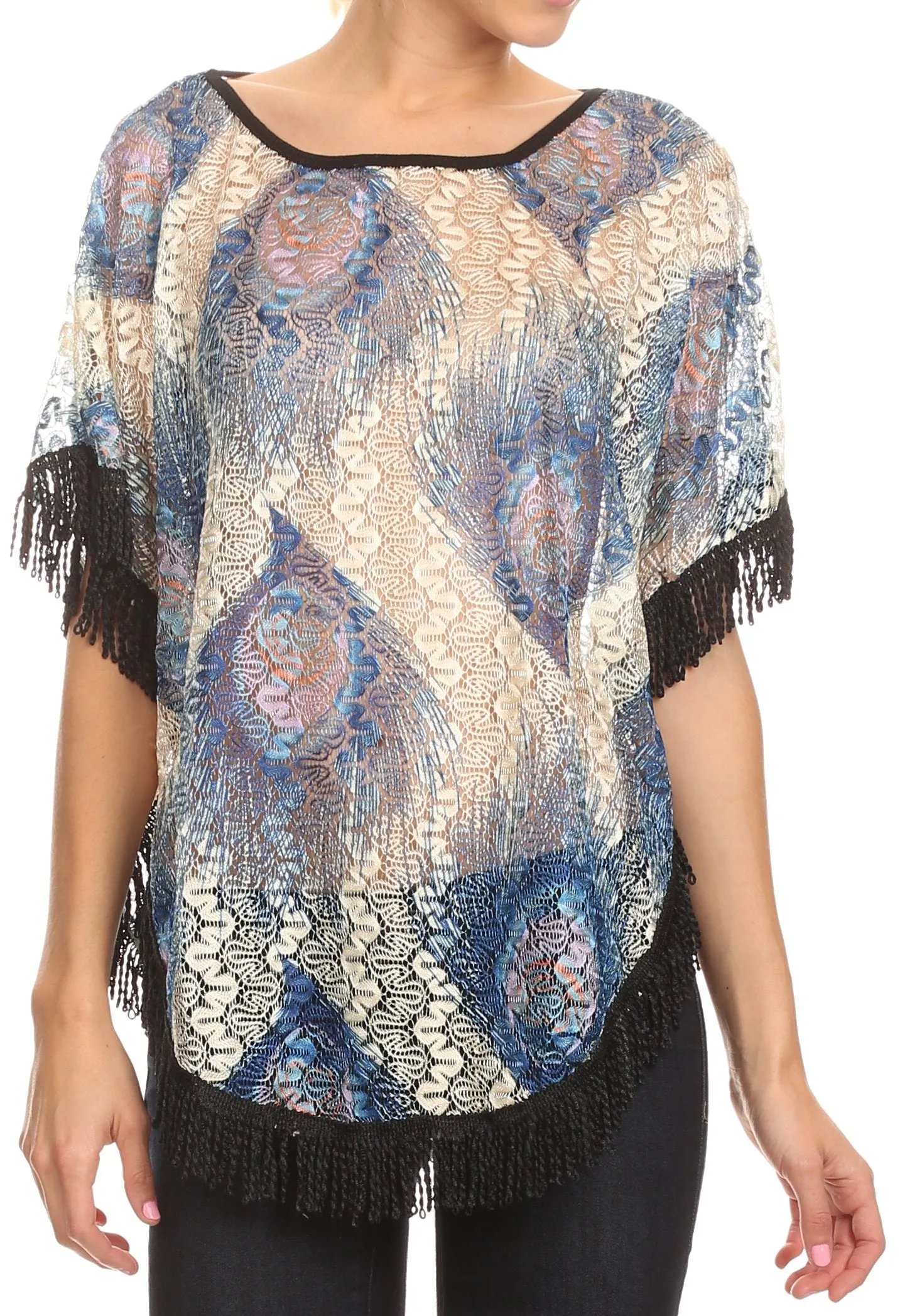 Sakkas Paney Long Wide Lace Embroidered Fringe Tassel Loose Poncho Top Blouse