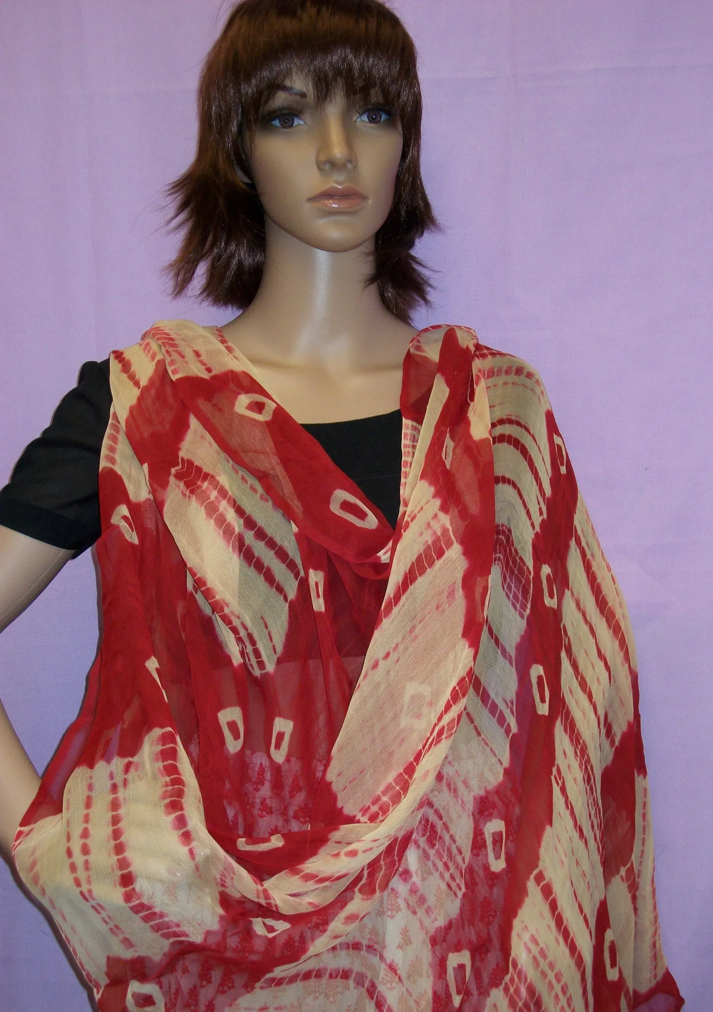 Scarf 416 Red Mustard Georgette Tie Dye Dupatta Chunni Shawl Shieno Sarees