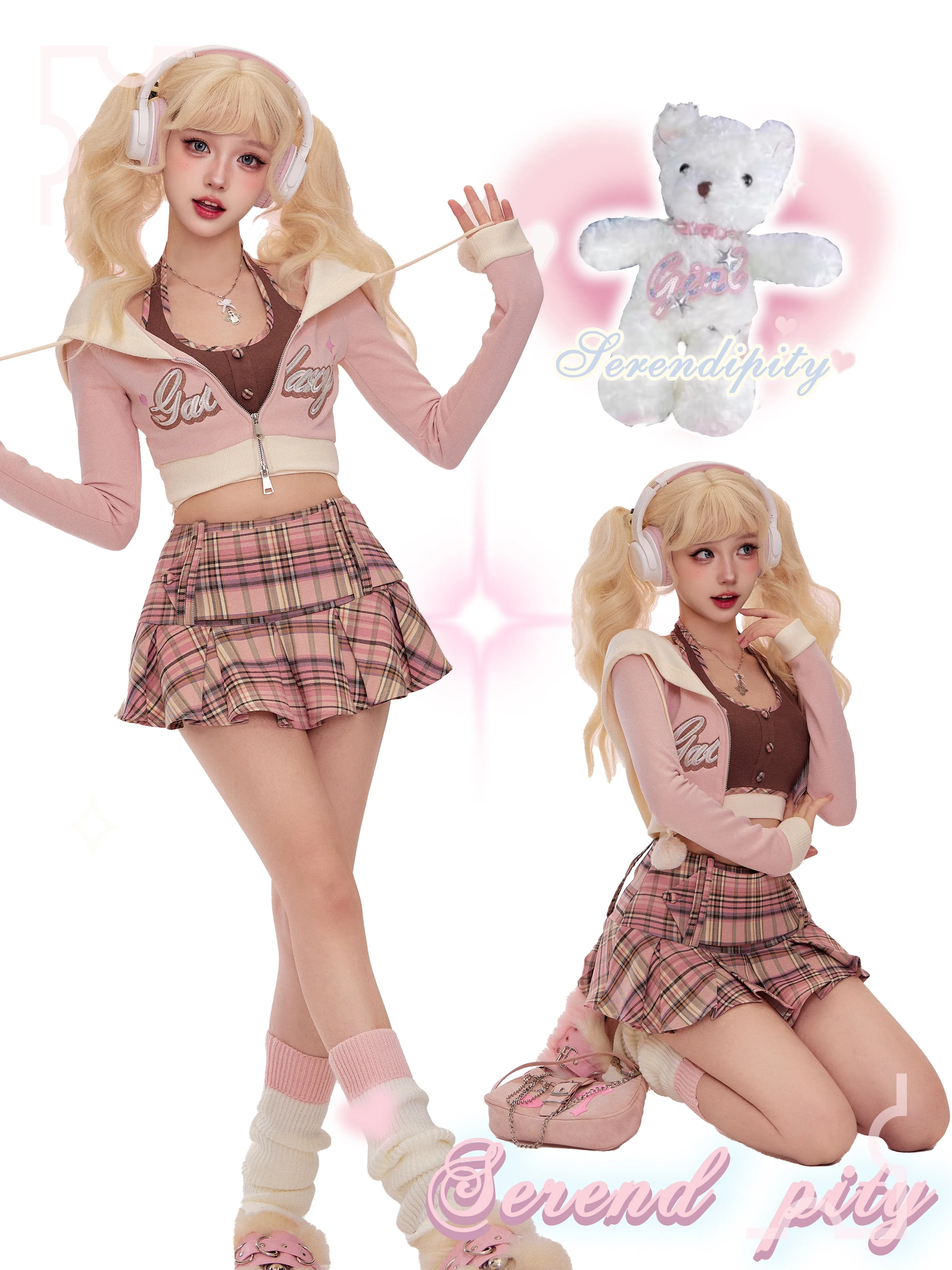 Serendipity Brown Plaid Halter Neck Tank Top & Mini Pleated Skirt & Pink Jacket Three Piece Set