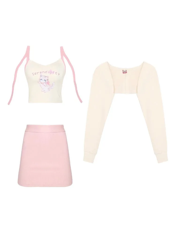 Serendipity Cat Cream Halter Neck Camisole Jacket Pink Mini Skirt Three Piece Set