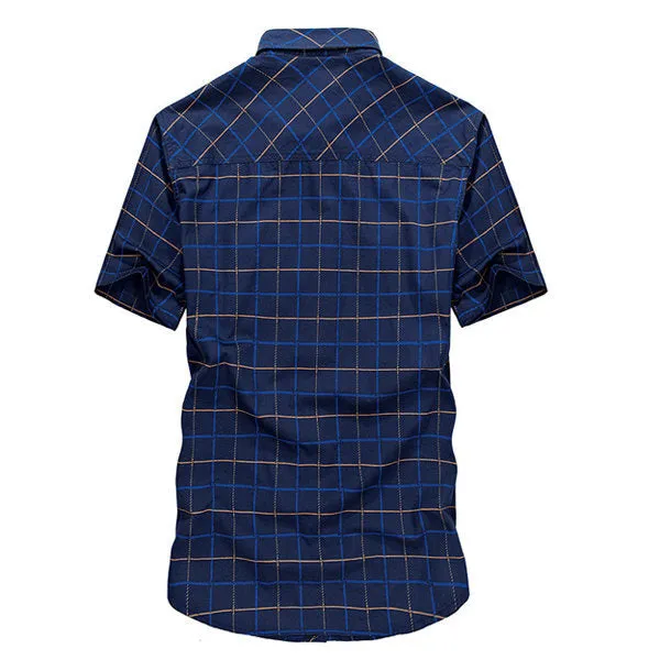 Short Sleeve Cargo Shirts For Men Summer Casual Loose Fit Checks Printing Cotton Turn down