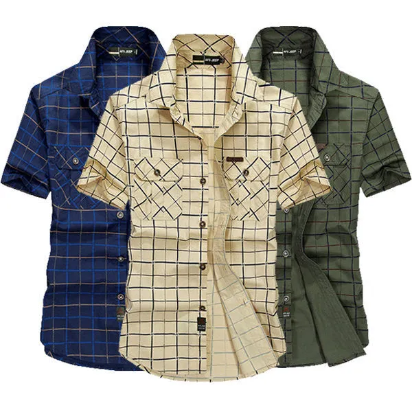 Short Sleeve Cargo Shirts For Men Summer Casual Loose Fit Checks Printing Cotton Turn down