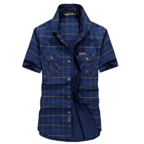 Short Sleeve Cargo Shirts For Men Summer Casual Loose Fit Checks Printing Cotton Turn down