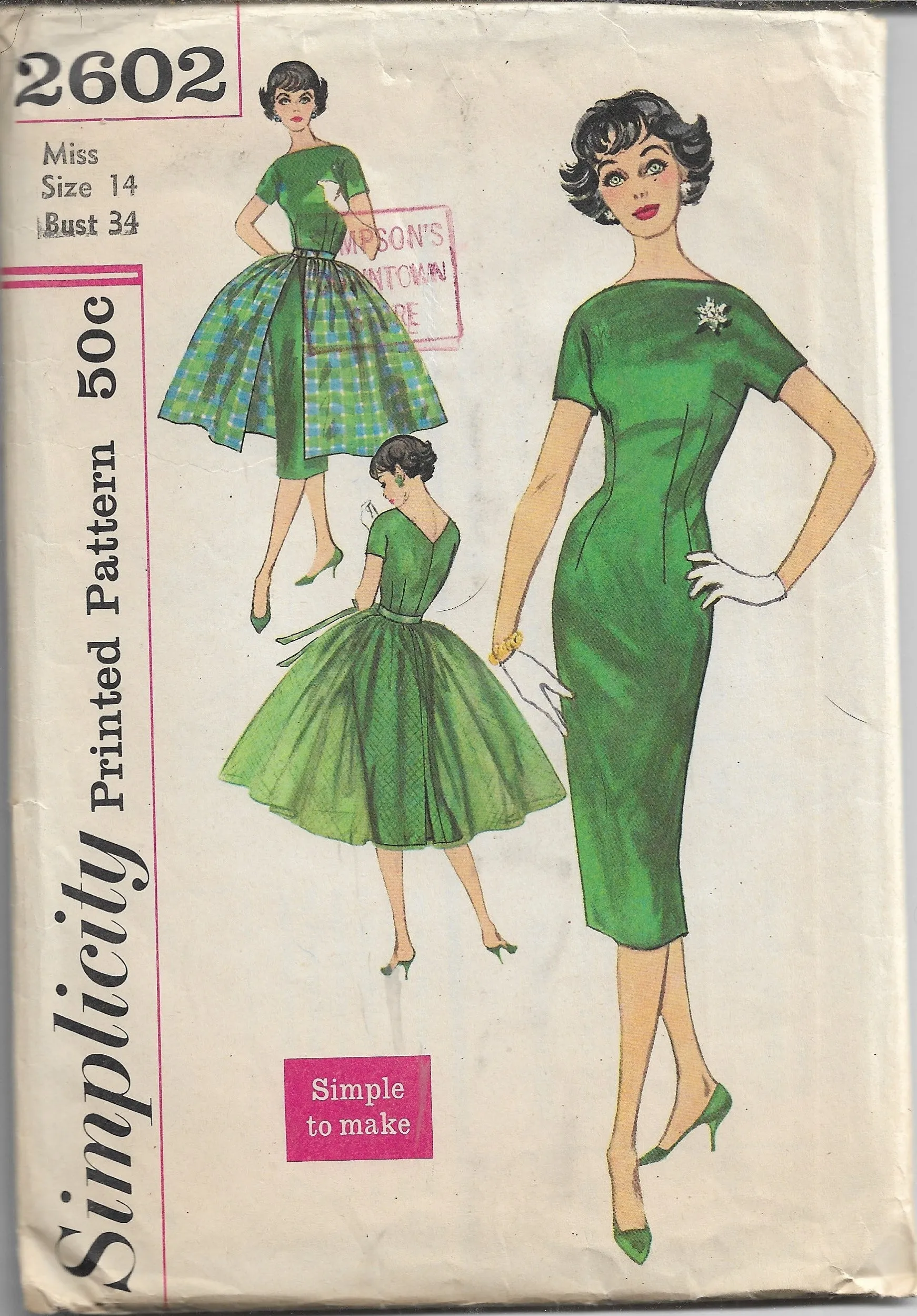 Simplicity 2602 Evening Sheath Dress Overskirt Vintage Sewing Pattern 1950s