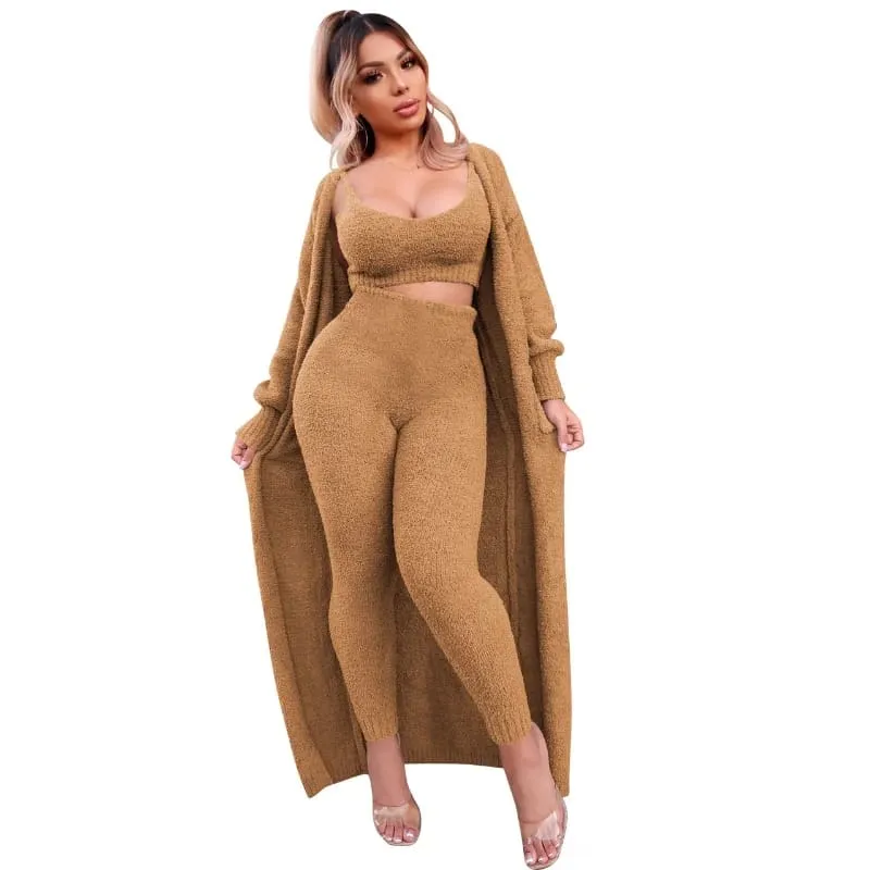 Solid Fuzzy 3 Piece Set Women Sexy Camisole Crop Top Full Sleeve Open Stitch Long Coat Cardigan High Waist Pencil Pants Suit - B-42677