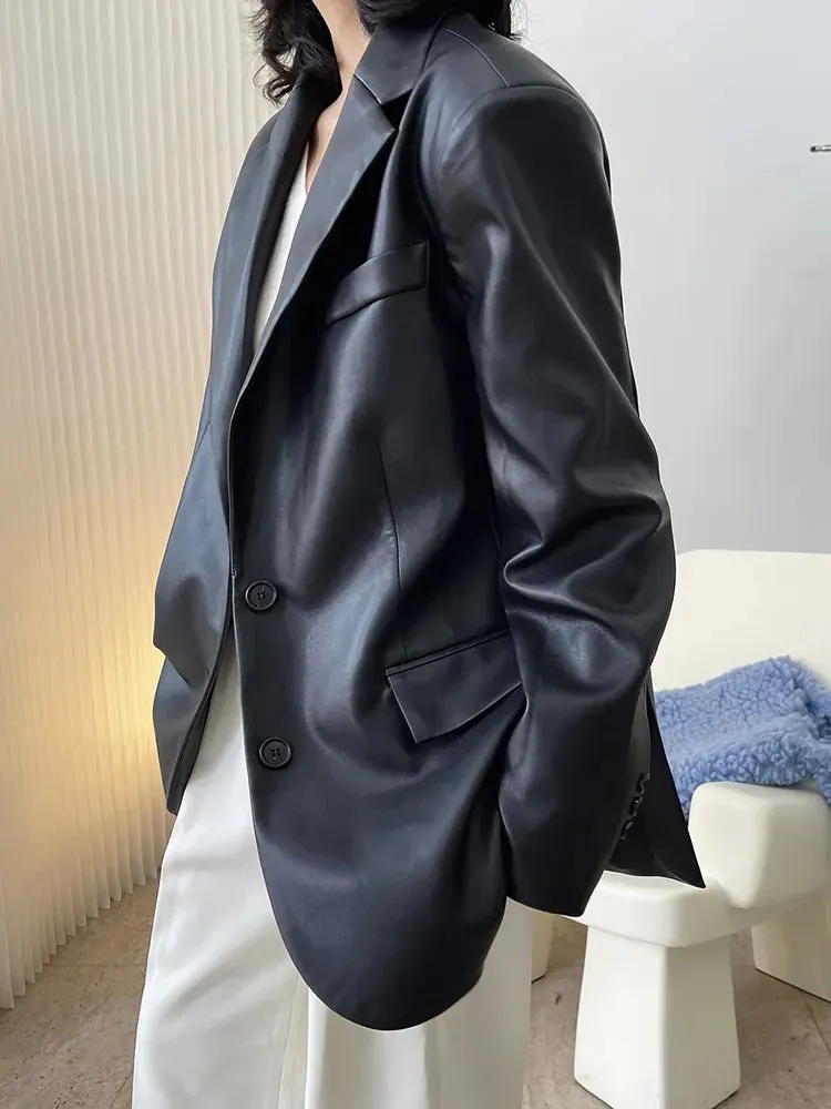 Solid PU Leather Blazers For Women Notched Collar Long Sleeve Casual Loose Vintage Blazer Female Fashion Clothing