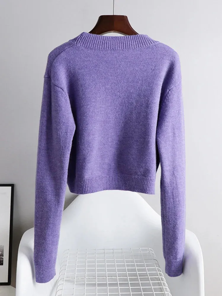 Spring Candy Girly Sweater Purple Knitted Cute Crop Top Heart Patchwork Korean Cute Loose Short Pullover  B-040