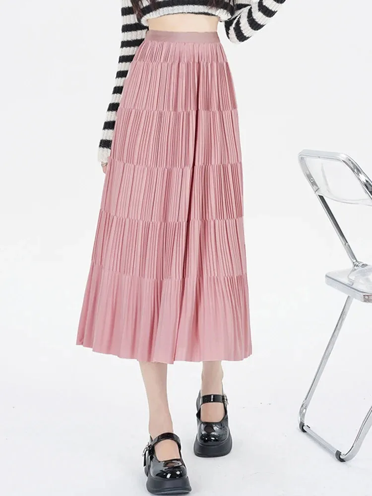 Spring High Waist Pleated Slim Pink Women's Skirts Chic Streetwear Solid Color Loose Casual Fashion Simple A-line Female Skirts