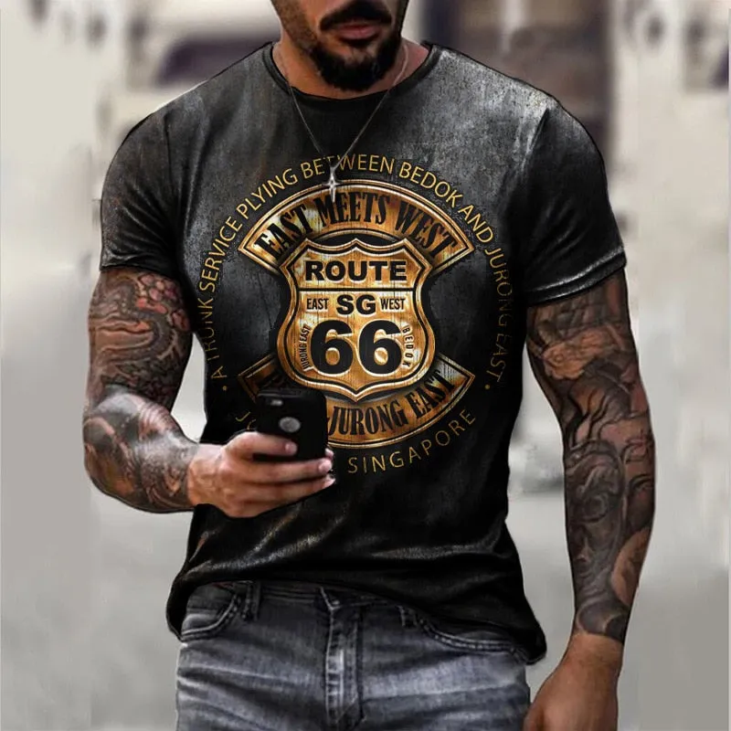 Summer Men's Retro T-shirt European And American Street Style 66-way 3d Printing T-shirt Men's Fashion O-neck Oversized Clothing