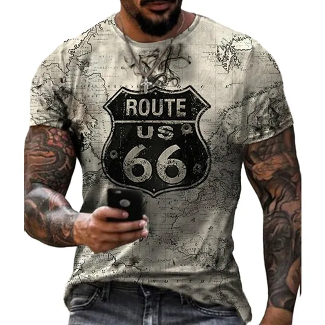 Summer Men's Retro T-shirt European And American Street Style 66-way 3d Printing T-shirt Men's Fashion O-neck Oversized Clothing