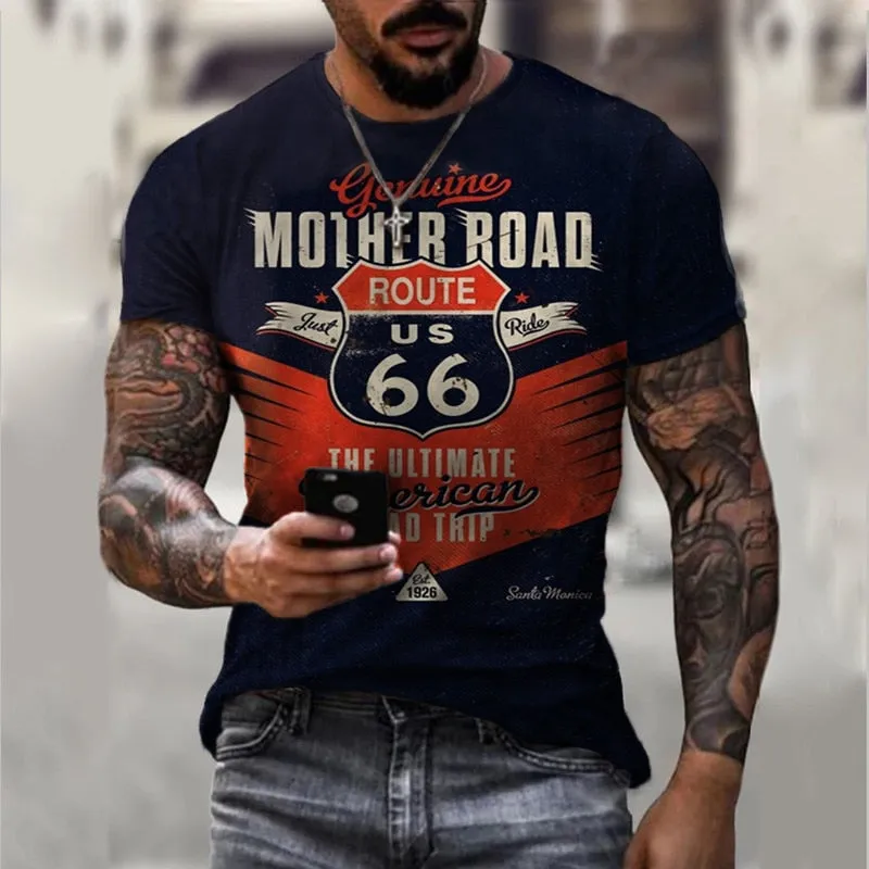 Summer Men's Retro T-shirt European And American Street Style 66-way 3d Printing T-shirt Men's Fashion O-neck Oversized Clothing