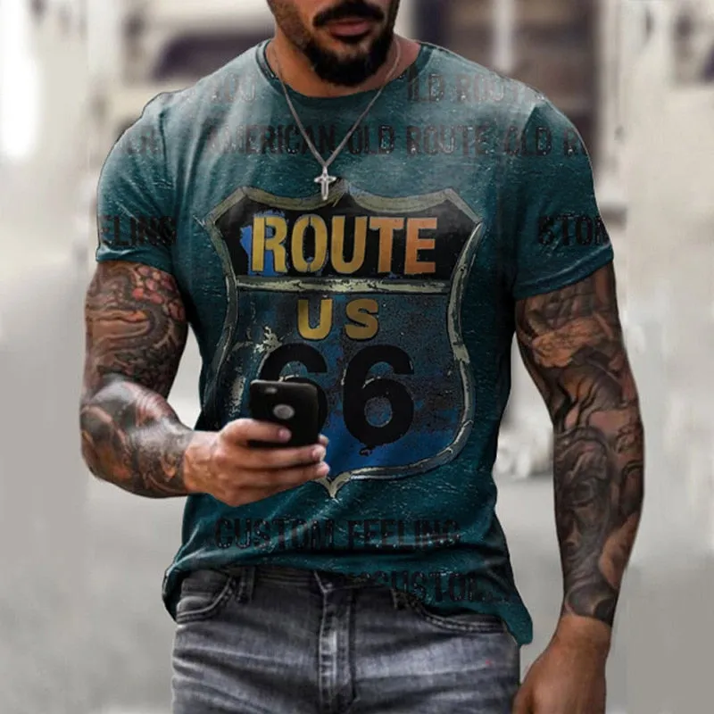 Summer Men's Retro T-shirt European And American Street Style 66-way 3d Printing T-shirt Men's Fashion O-neck Oversized Clothing