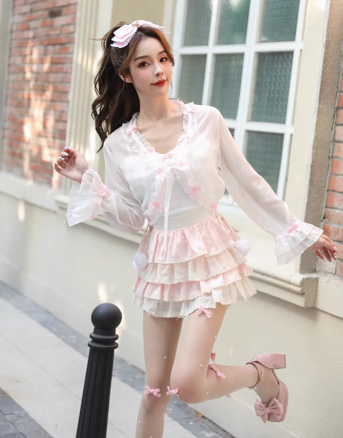 Sweetheart Princess Coquette Sweet White Pink Bow See Through Cardigan Tank Top Skirt Three Piece Set