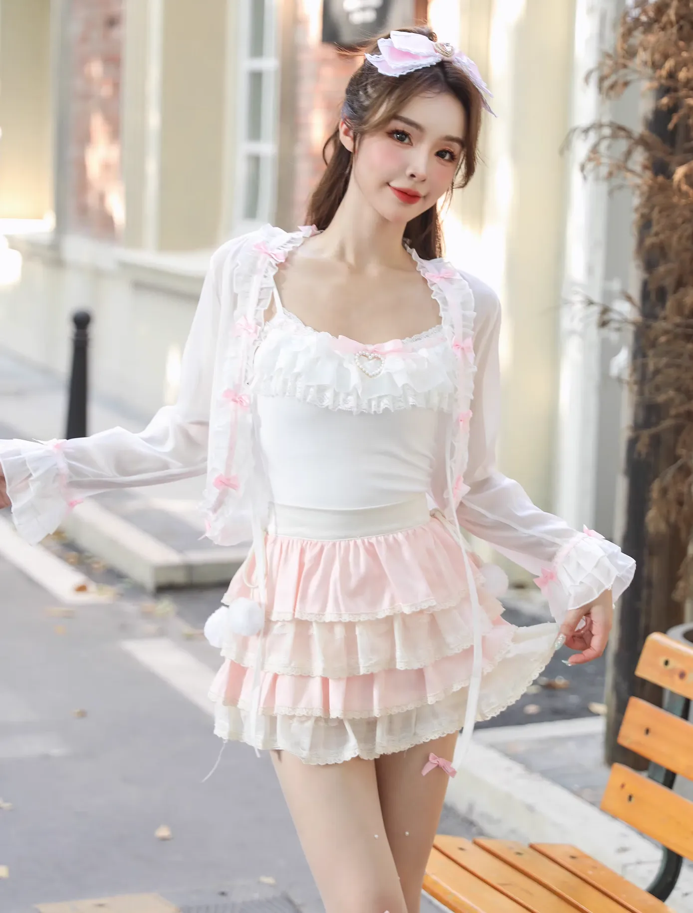 Sweetheart Princess Coquette Sweet White Pink Bow See Through Cardigan Tank Top Skirt Three Piece Set