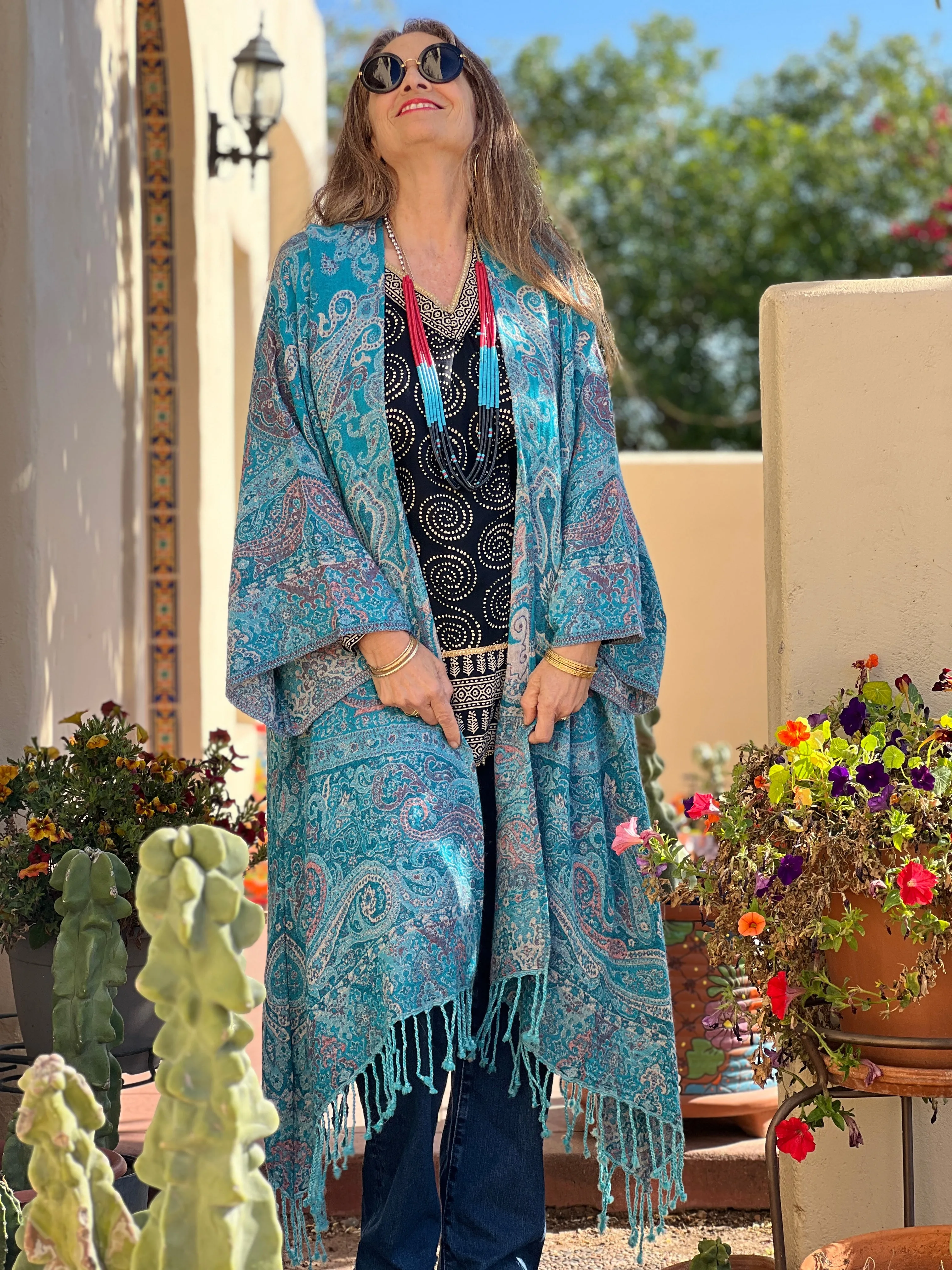 Tempting Turquoise Paisley Kimono Coat Reversible