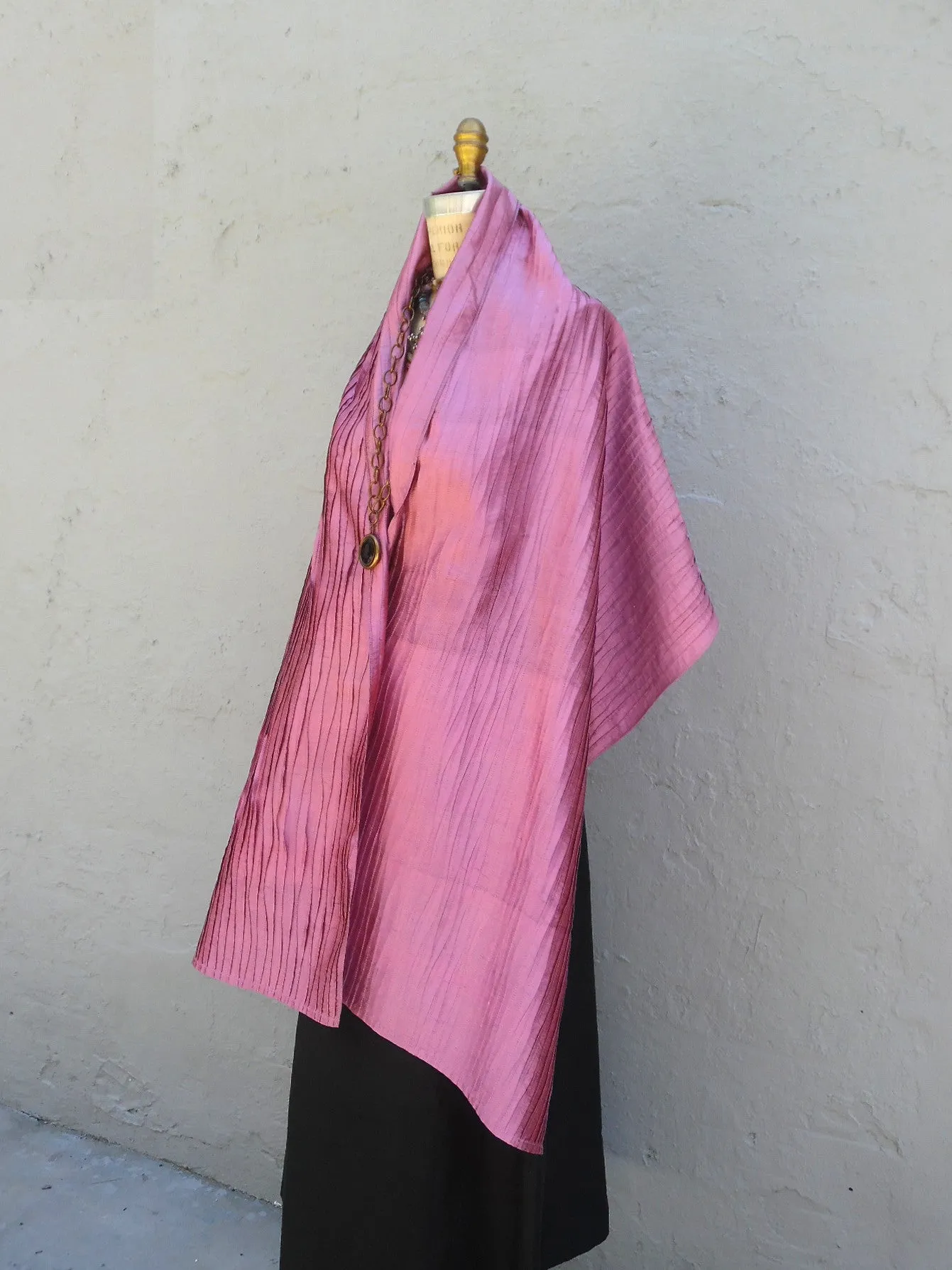 Thai Silk Pintuck Pleated Shawl Claret