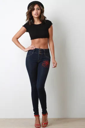 Three Buttons High Waisted Rose Embroidery Jeans