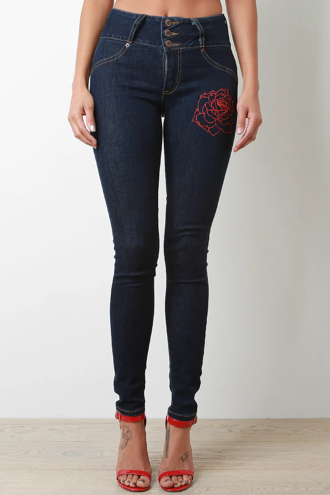 Three Buttons High Waisted Rose Embroidery Jeans