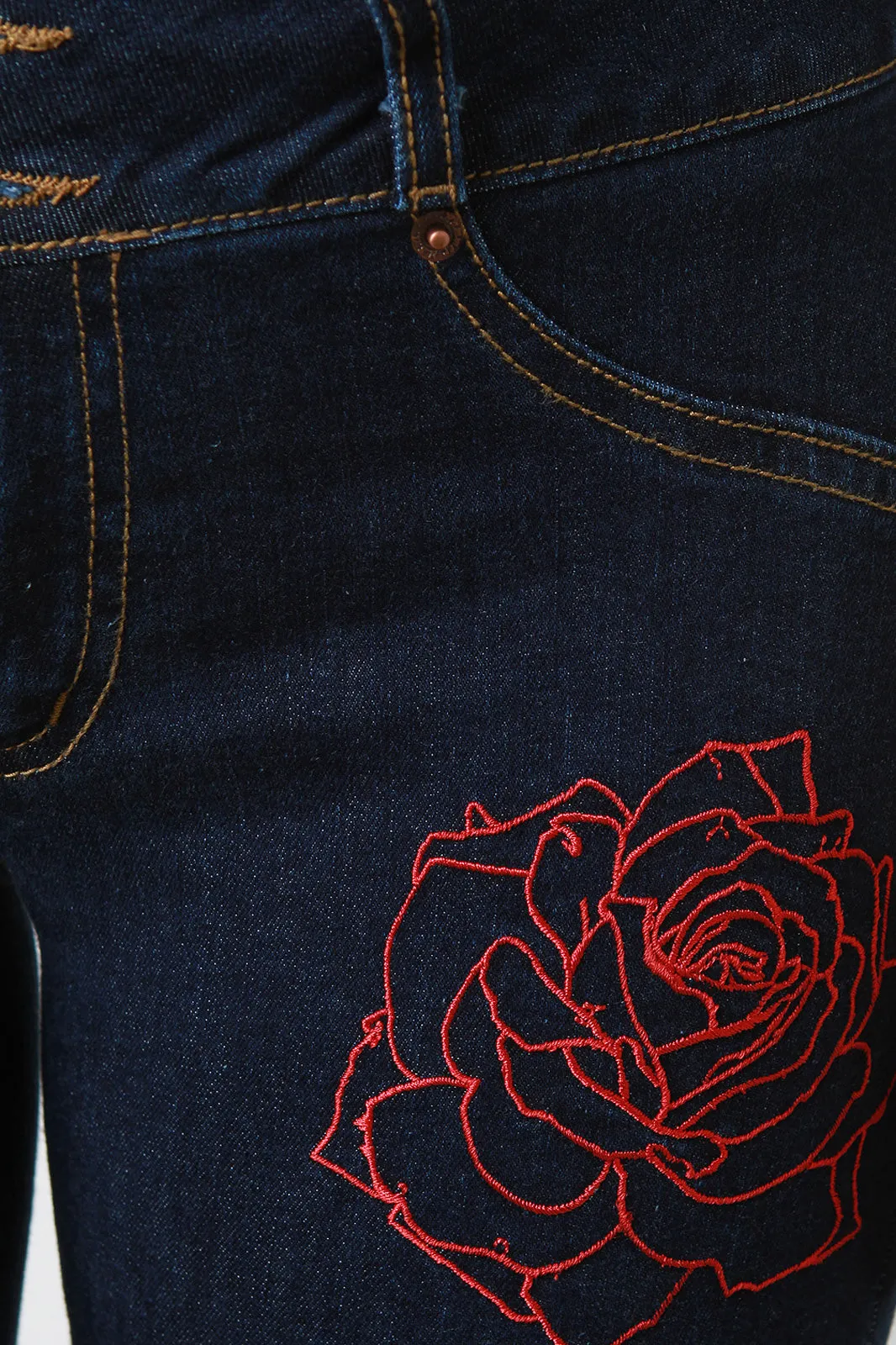 Three Buttons High Waisted Rose Embroidery Jeans