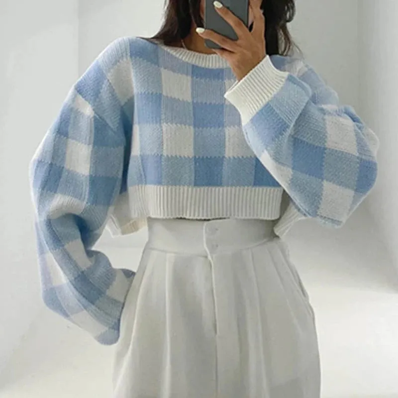 Toleet-Pullovers Women Checkerboard Crop Knit Sweater Long Sleeve Crew Neck Box-fit Plaid Jumper Outfit