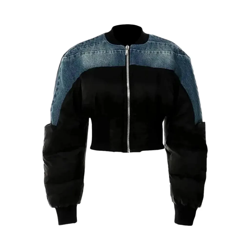 Trendsetting crop denim puffer jacket for women