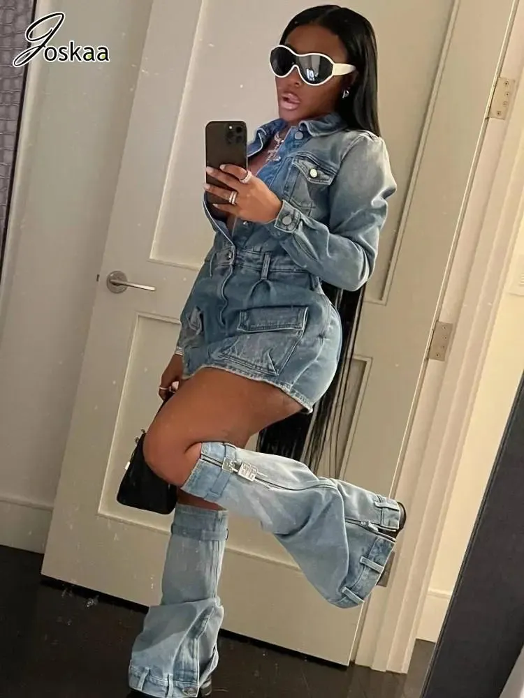 Trendy Denim Mini Dress With Matching Leg Warmers