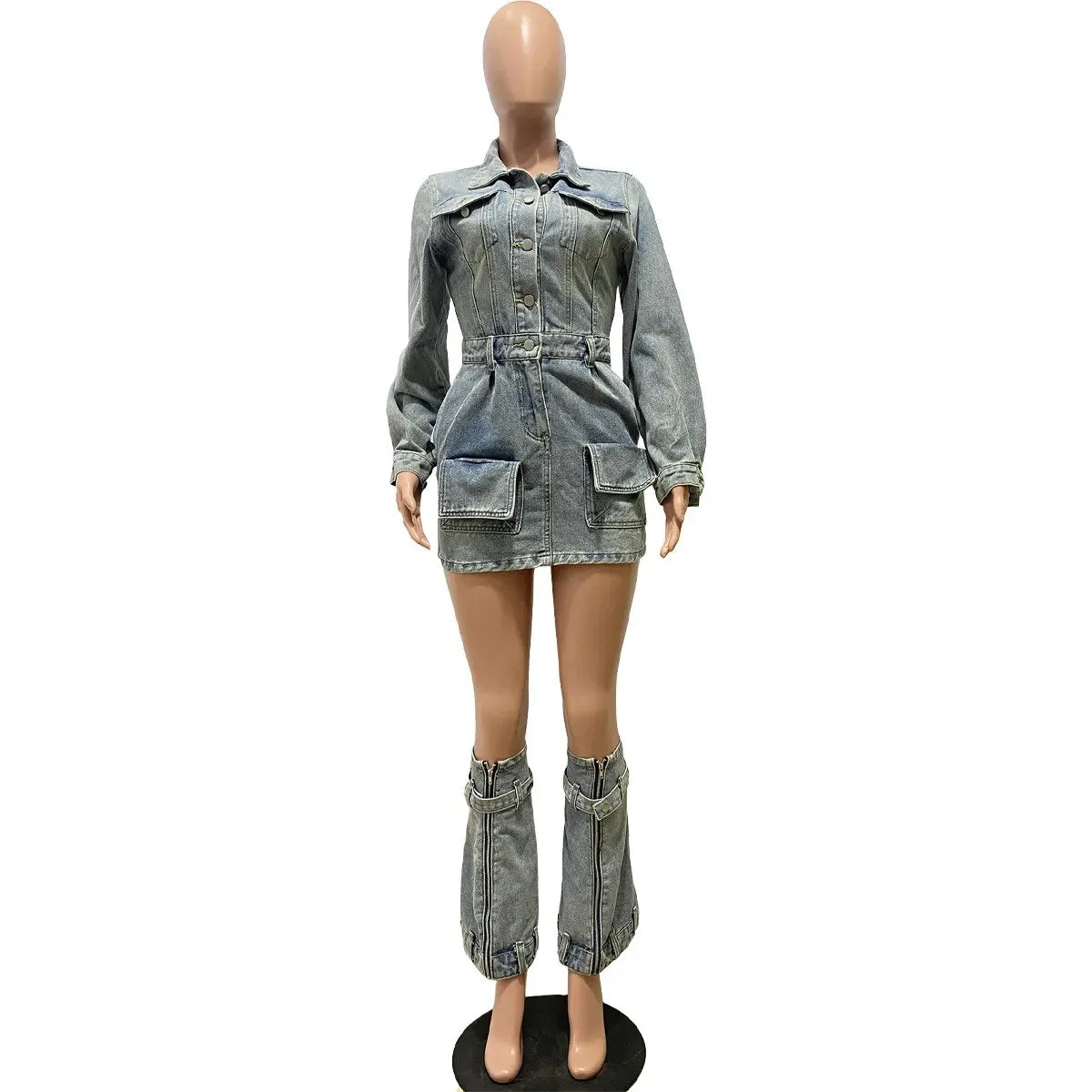 Trendy Denim Mini Dress With Matching Leg Warmers