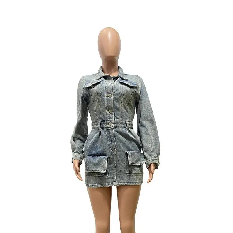 Trendy Denim Mini Dress With Matching Leg Warmers