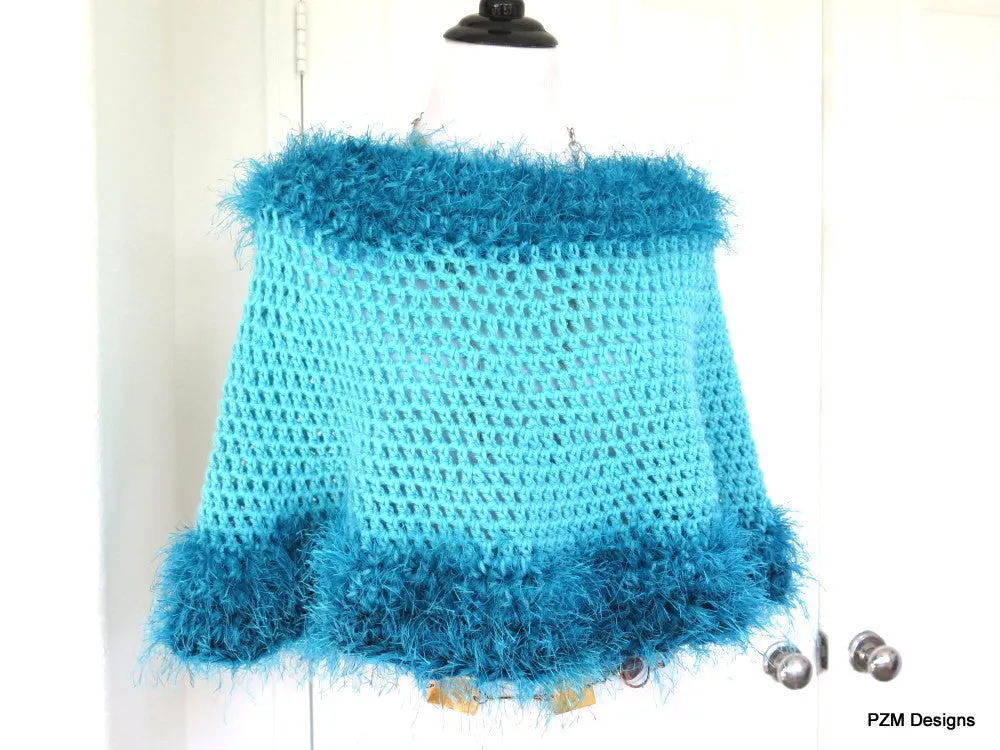 Turquoise Crochet Poncho with Fur Trim, Circle Poncho, gift for her