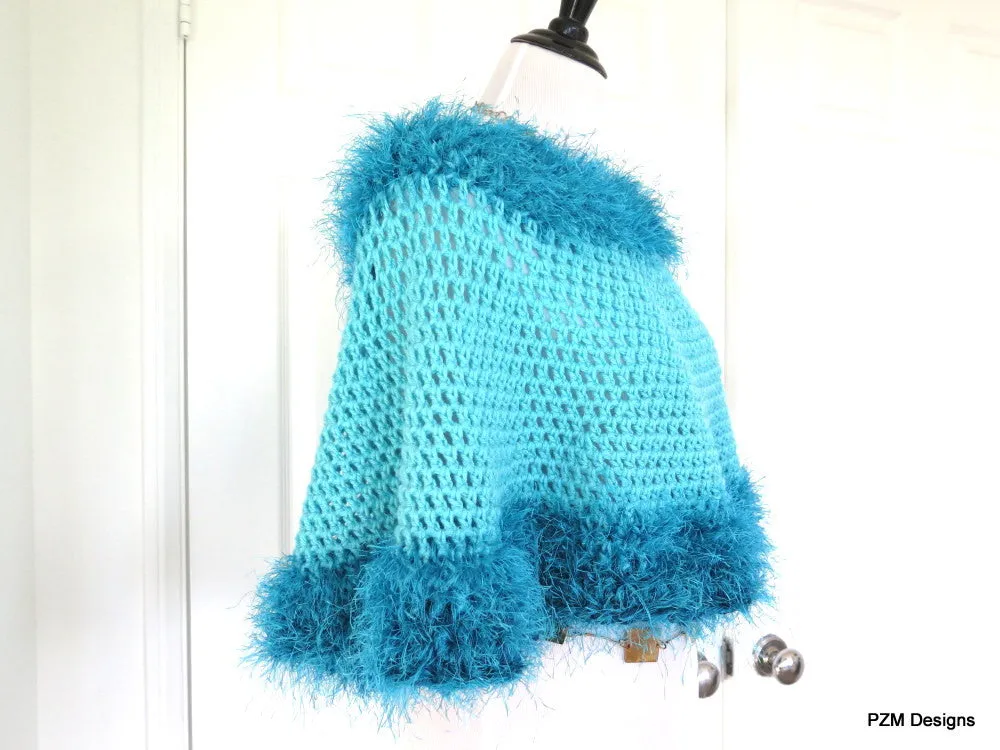 Turquoise Crochet Poncho with Fur Trim, Circle Poncho, gift for her