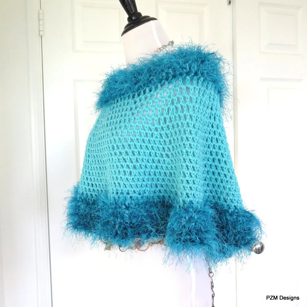 Turquoise Crochet Poncho with Fur Trim, Circle Poncho, gift for her