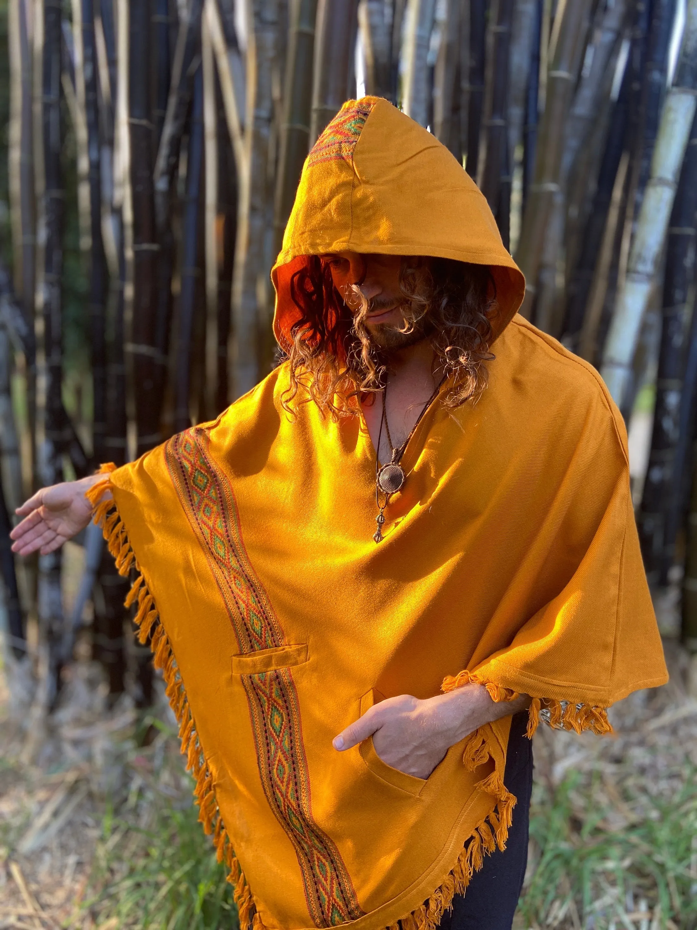 UPEKKHA Hooded Poncho with Hood Turmeric Orange Handwoven Pockets Cashmere and Acrylic Wool Tibetan Zen Embroidery Primitive Mexican AJJAYA