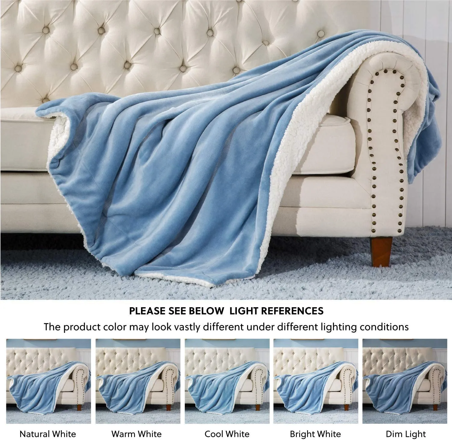 VAS COLLECTIONS - Polyester Micromink Summer AC Blanket Sherpa Super Soft Flannel Solid/Plain AC Dohar/Comforter, Sky Blue, Size 220 x 230 Cms (Approx 7.6 x 7 ft) (Double), Reversible