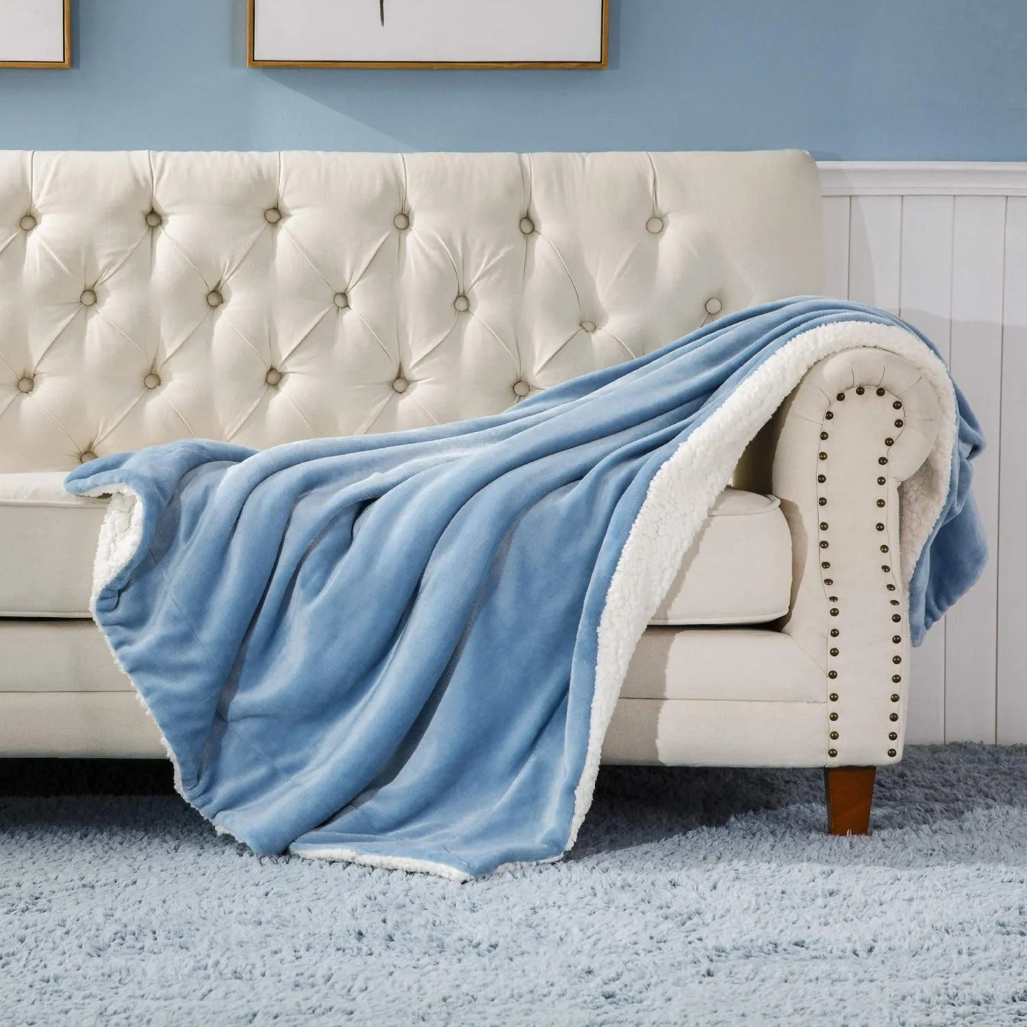 VAS COLLECTIONS - Polyester Micromink Summer AC Blanket Sherpa Super Soft Flannel Solid/Plain AC Dohar/Comforter, Sky Blue, Size 220 x 230 Cms (Approx 7.6 x 7 ft) (Double), Reversible