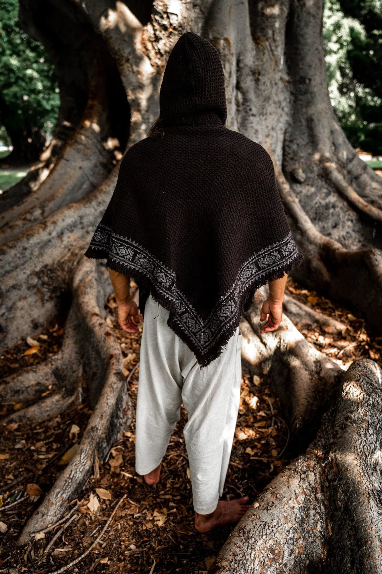 VECHO Brown Mens Hooded Vegan Poncho Textured Cotton with Hood Block Printed Tribal Pattern Gypsy Festival Boho ceremony ritual AJJAYA