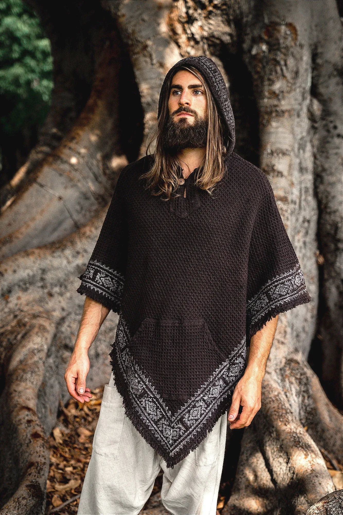 VECHO Brown Mens Hooded Vegan Poncho Textured Cotton with Hood Block Printed Tribal Pattern Gypsy Festival Boho ceremony ritual AJJAYA