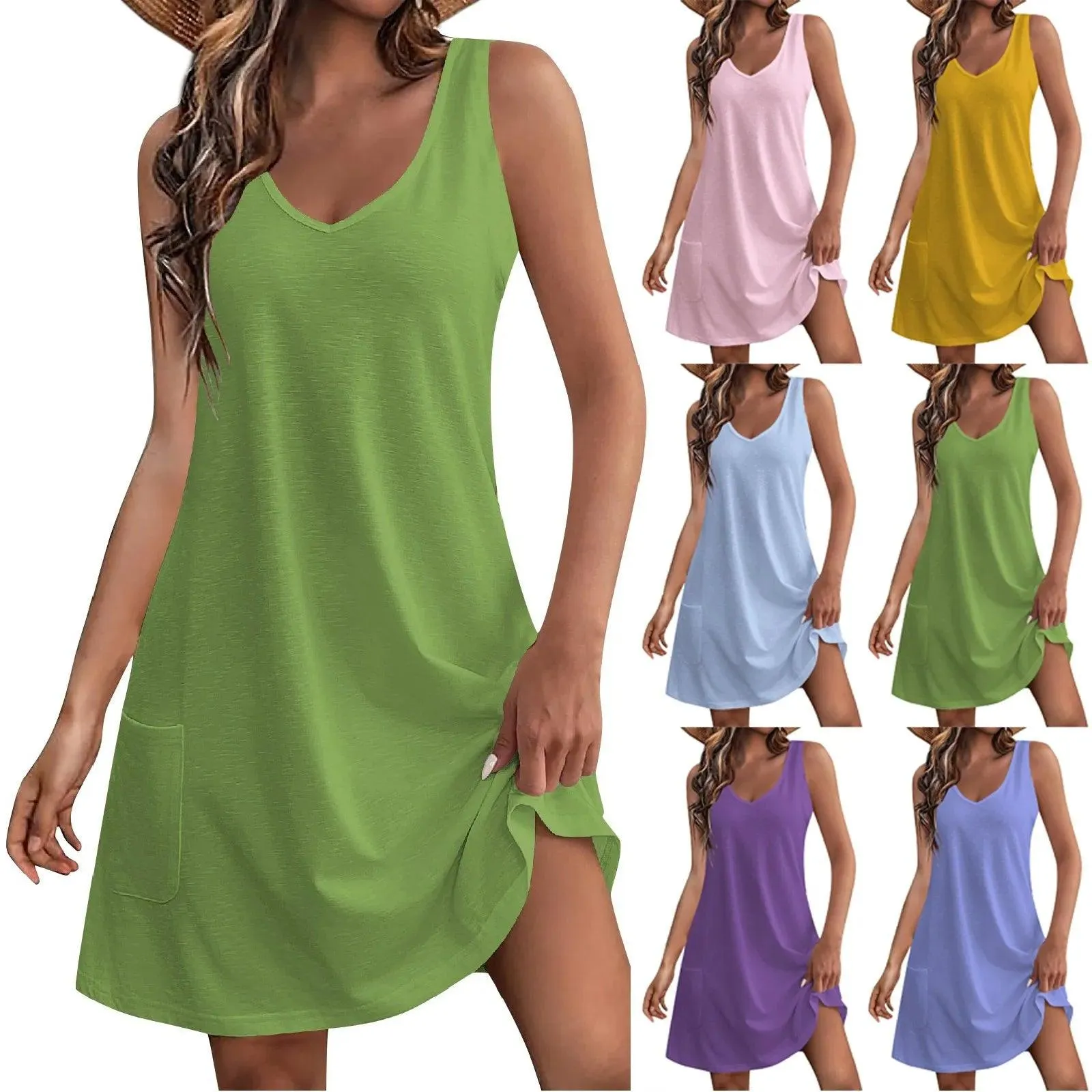 Vestidos Women'S Casual Sundress With Pockets Summer New Camisole Boho Beachwear Sundress Sleeveless V-Neck Loose Dress 2024