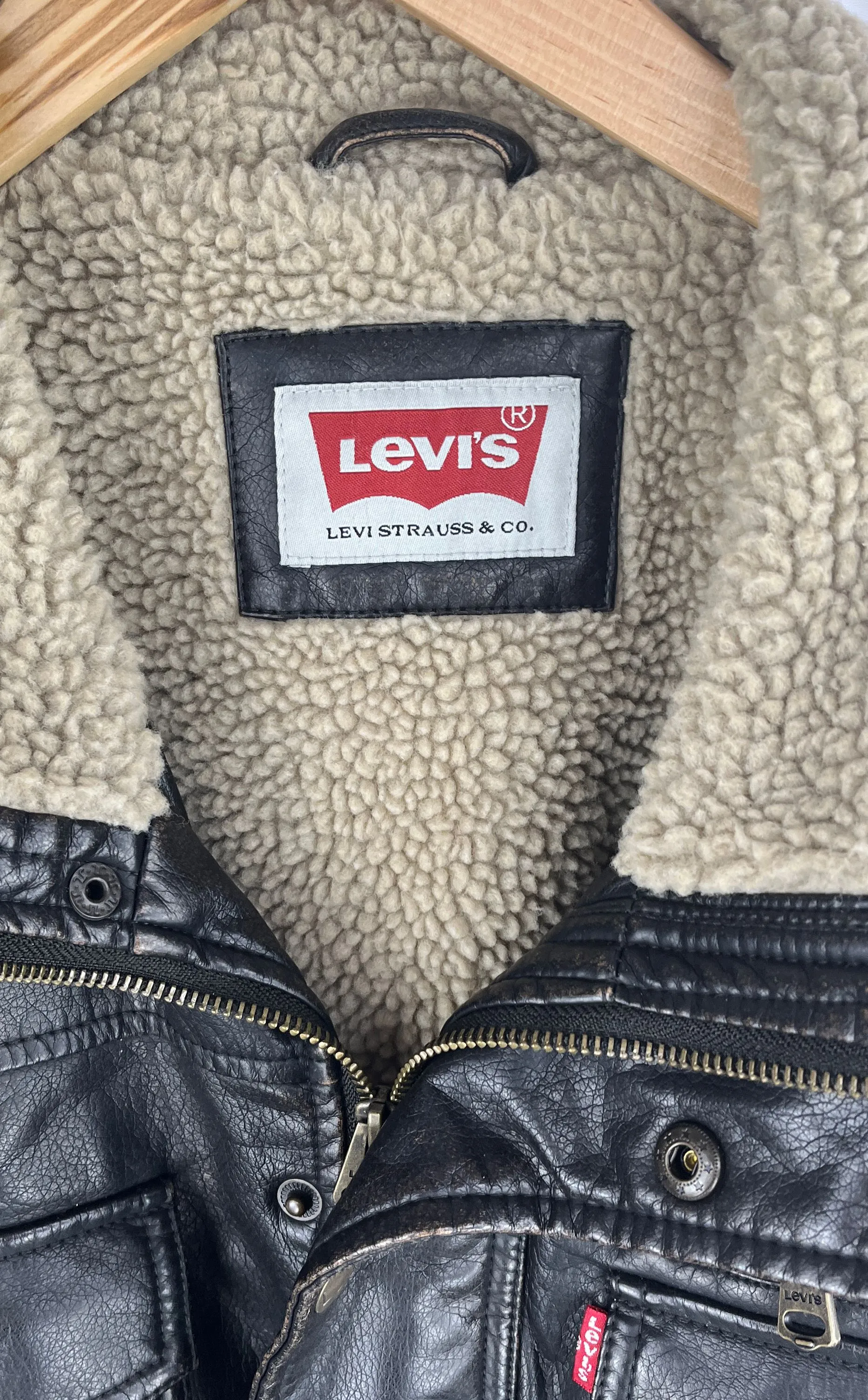 Vintage Levis Faux Leather Jacket Men's Large Brown Sherpa Lined Zip Up Coat