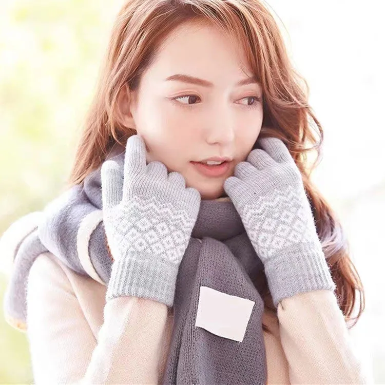 Winter Touch Screen Gloves Women Men Warm Stretch Knit Mittens Imitation Wool Thicken Full Finger Gloves(C-Yellow)