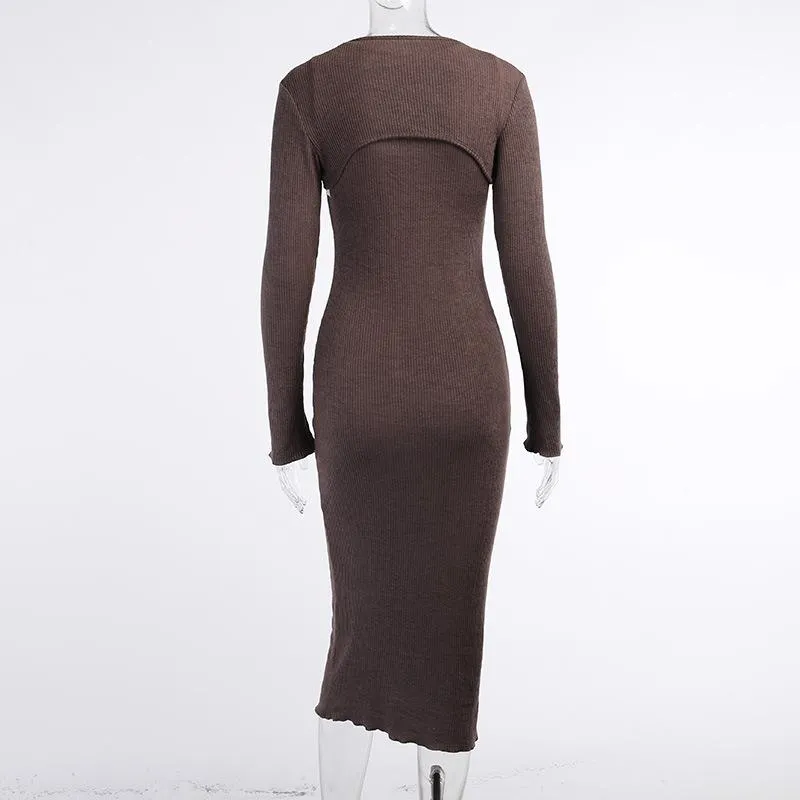  Women 2 Piece Outfits Solid Color Bodycon Midi Dress Pullover Set