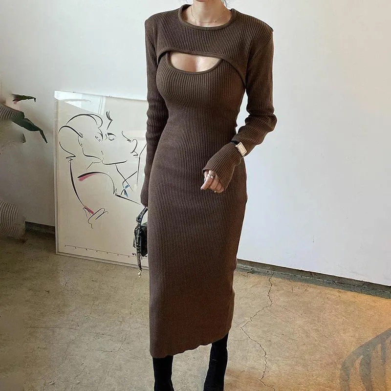  Women 2 Piece Outfits Solid Color Bodycon Midi Dress Pullover Set