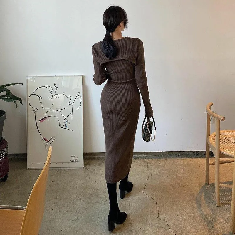  Women 2 Piece Outfits Solid Color Bodycon Midi Dress Pullover Set