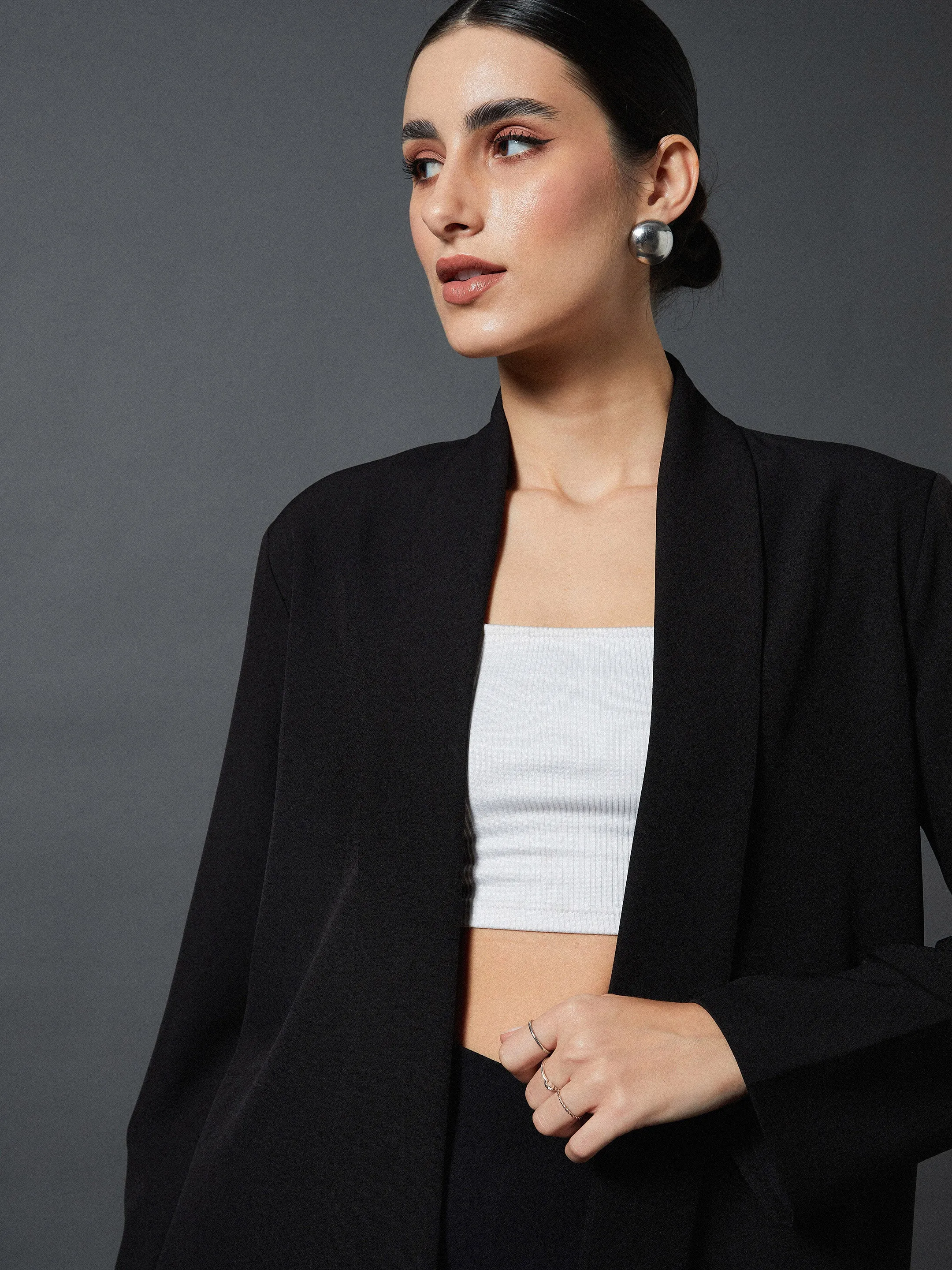 Women Black Shawl Collar Blazer With Balloon Fit Pants