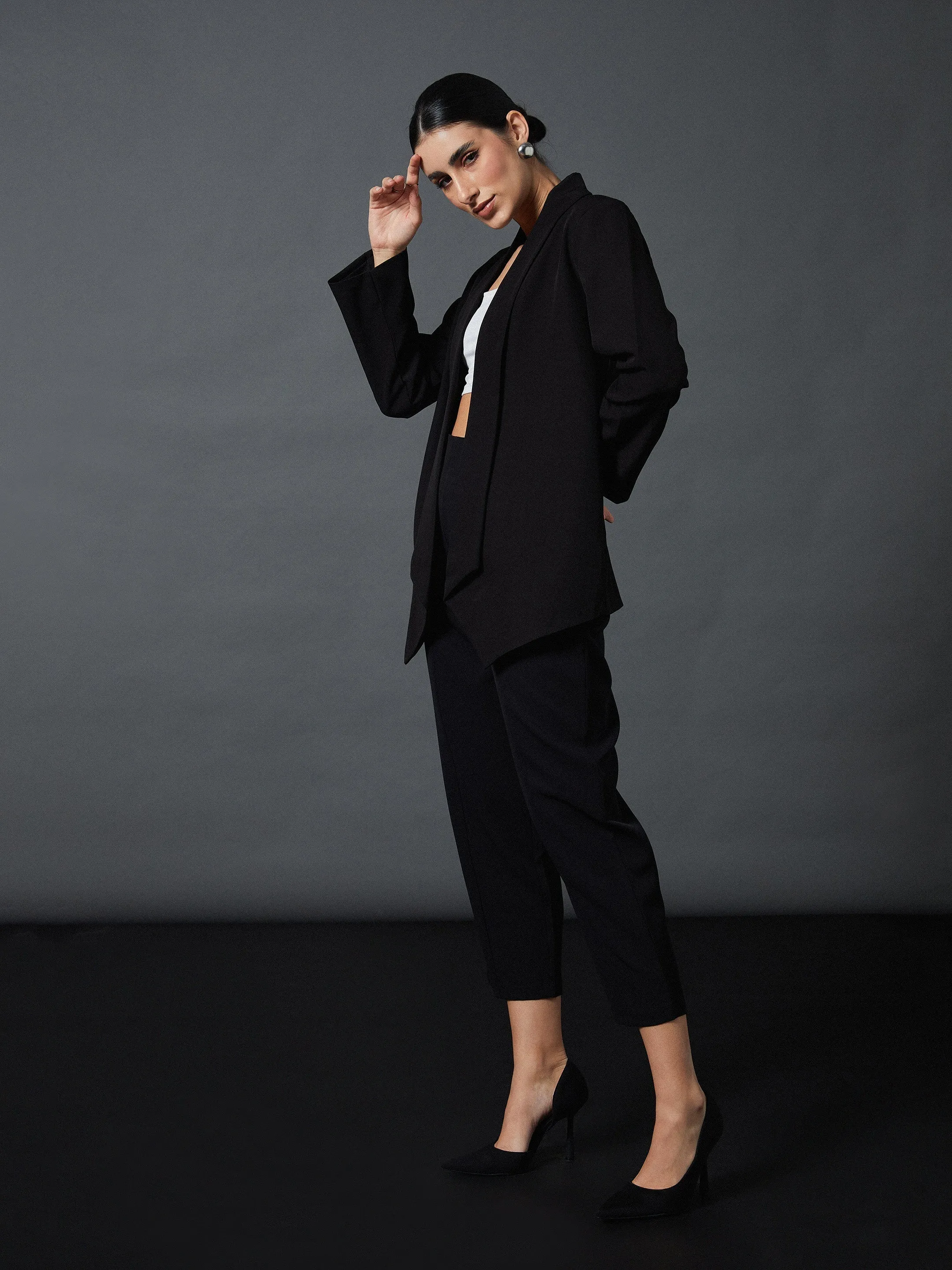 Women Black Shawl Collar Blazer With Balloon Fit Pants