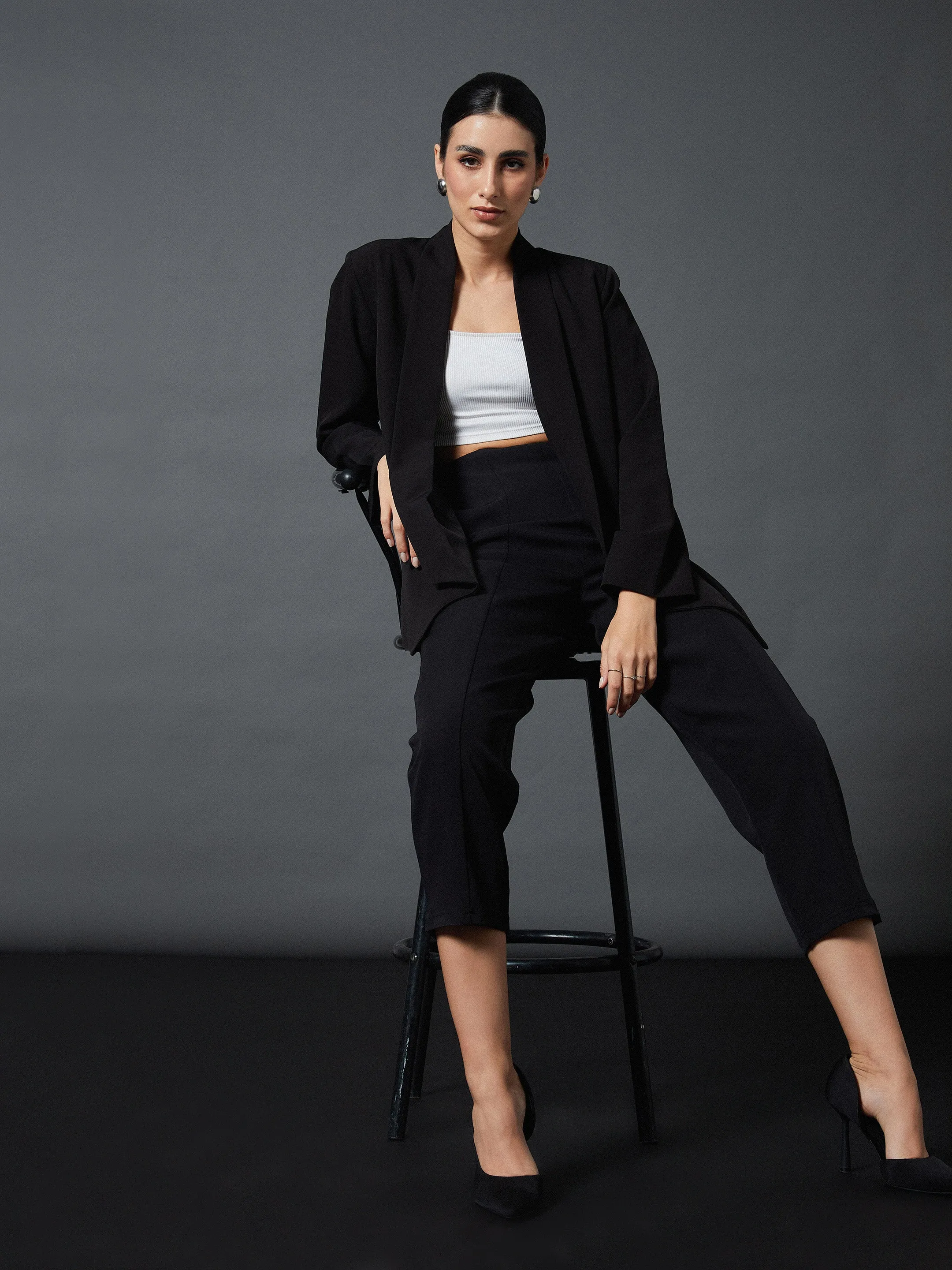 Women Black Shawl Collar Blazer With Balloon Fit Pants