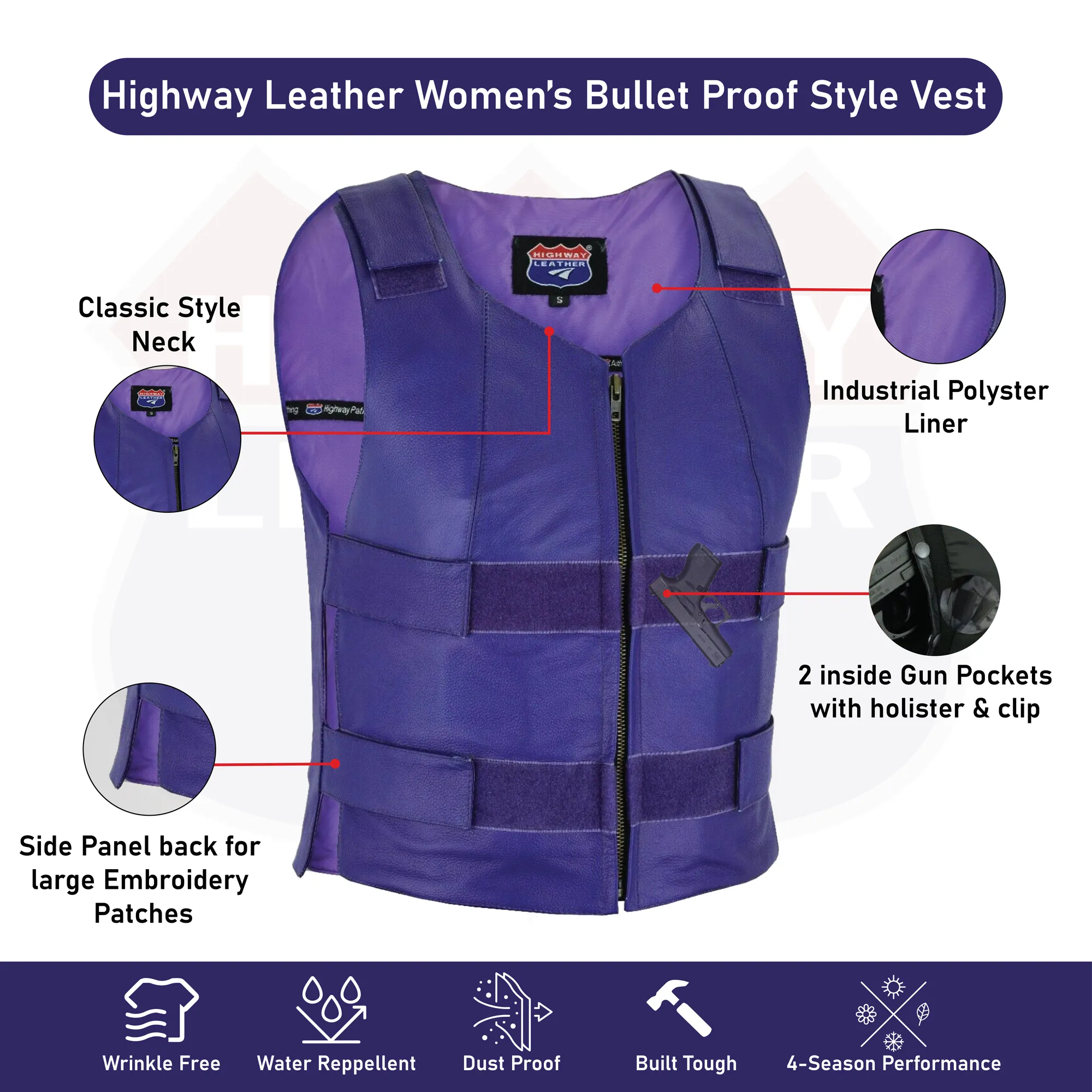 WOMEN PURPLE BULLET PROOF LEATHER VEST - PURPLE Shade # 56 (Passionate Purple)